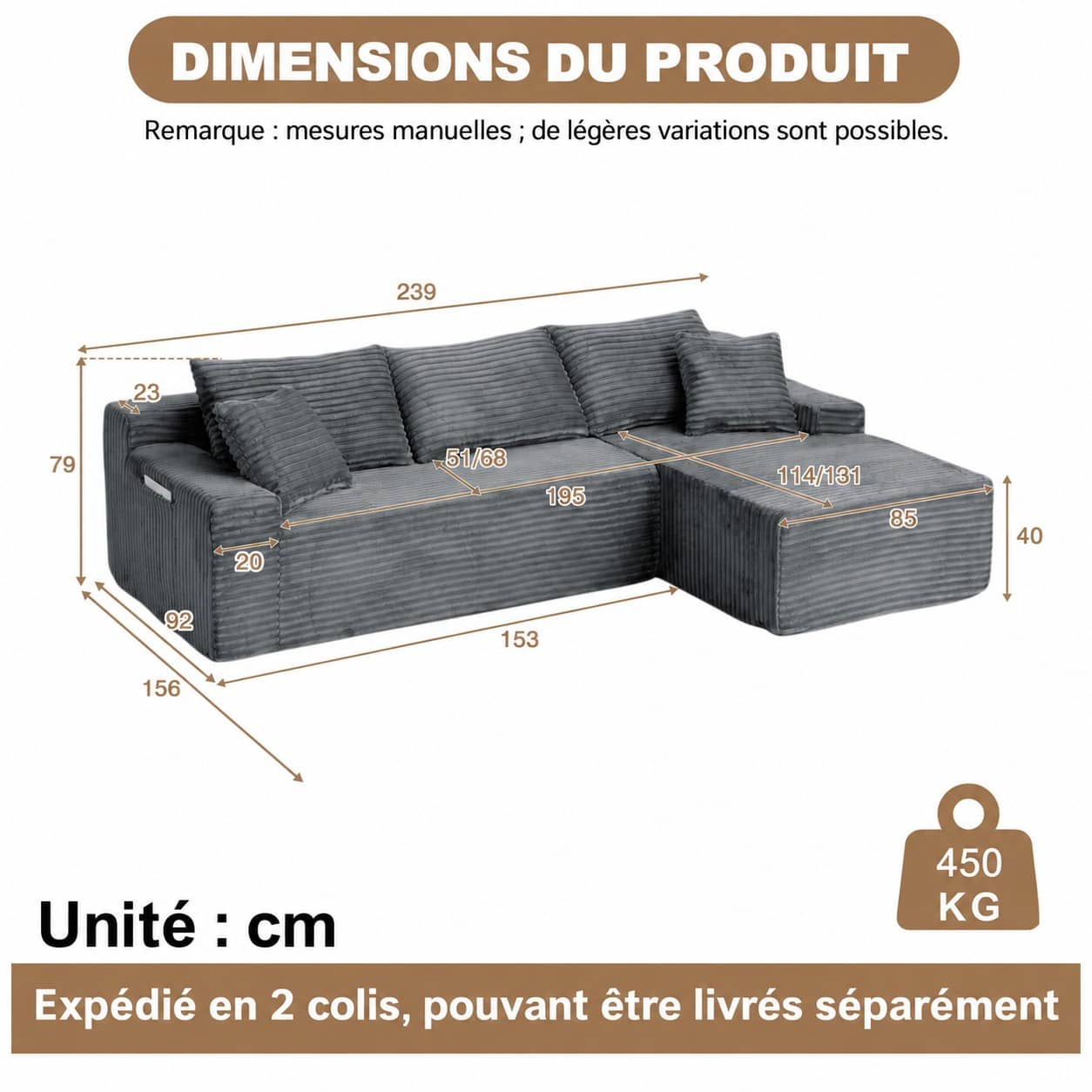 Dimensions du Canapé d’angle fixe 3 places en velours côtelé, 239 cm, gris, angle droit