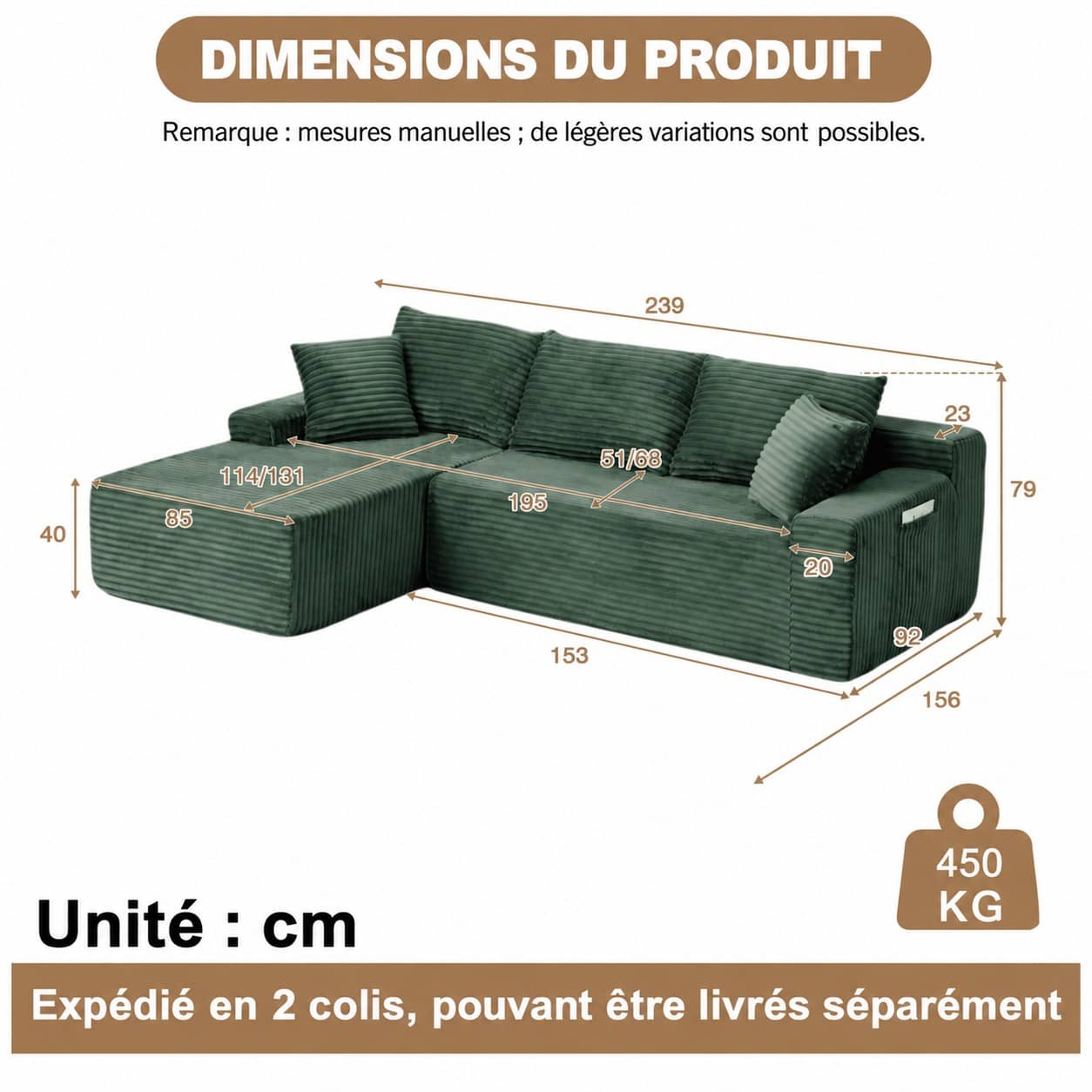 Dimensions du Canapé d’angle fixe 3 places en velours côtelé, 239 cm, vert, angle gauche