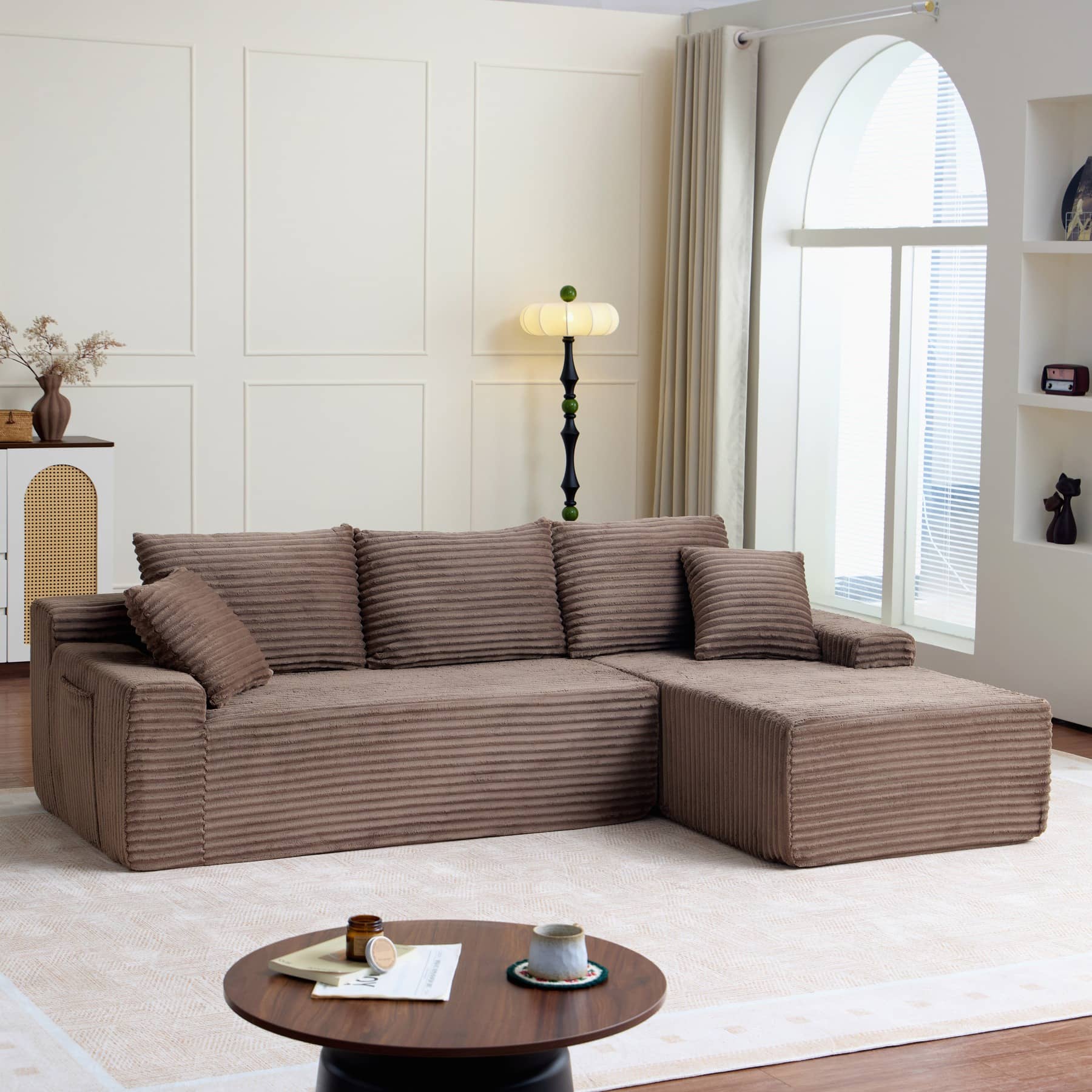 Canapé d’angle fixe 3 places en velours côtelé, 239 cm, marron, angle droit