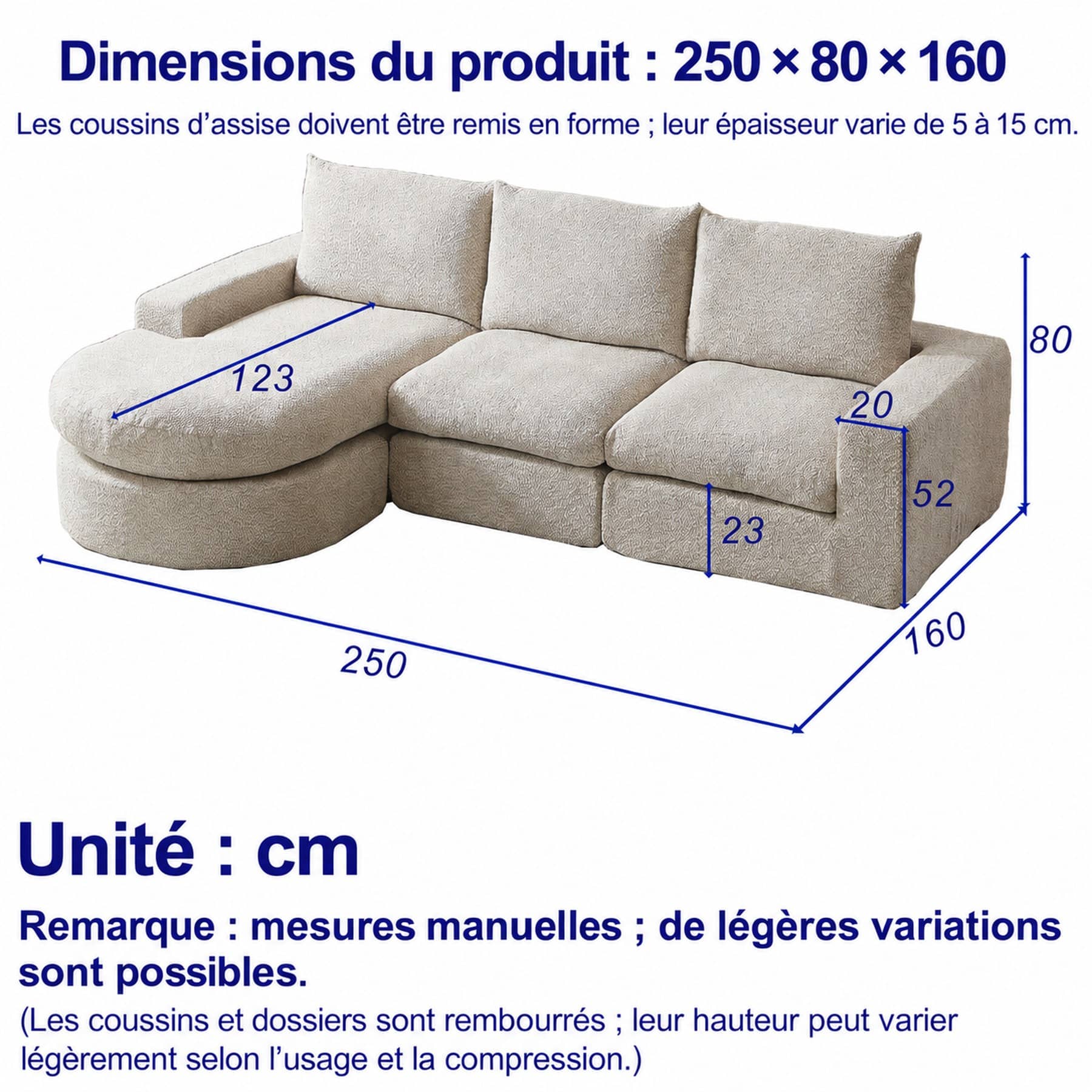 Dimensions du Canapé d’angle 3 places en tissu chenille, 250 cm, beige, méridienne réversible
