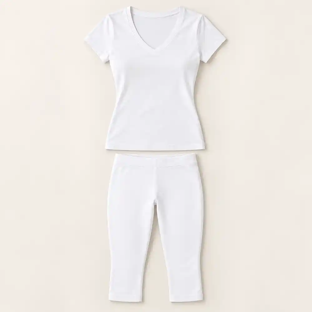 Ensemble LILYA blanc composé d’un T-shirt col V et d’un corsaire