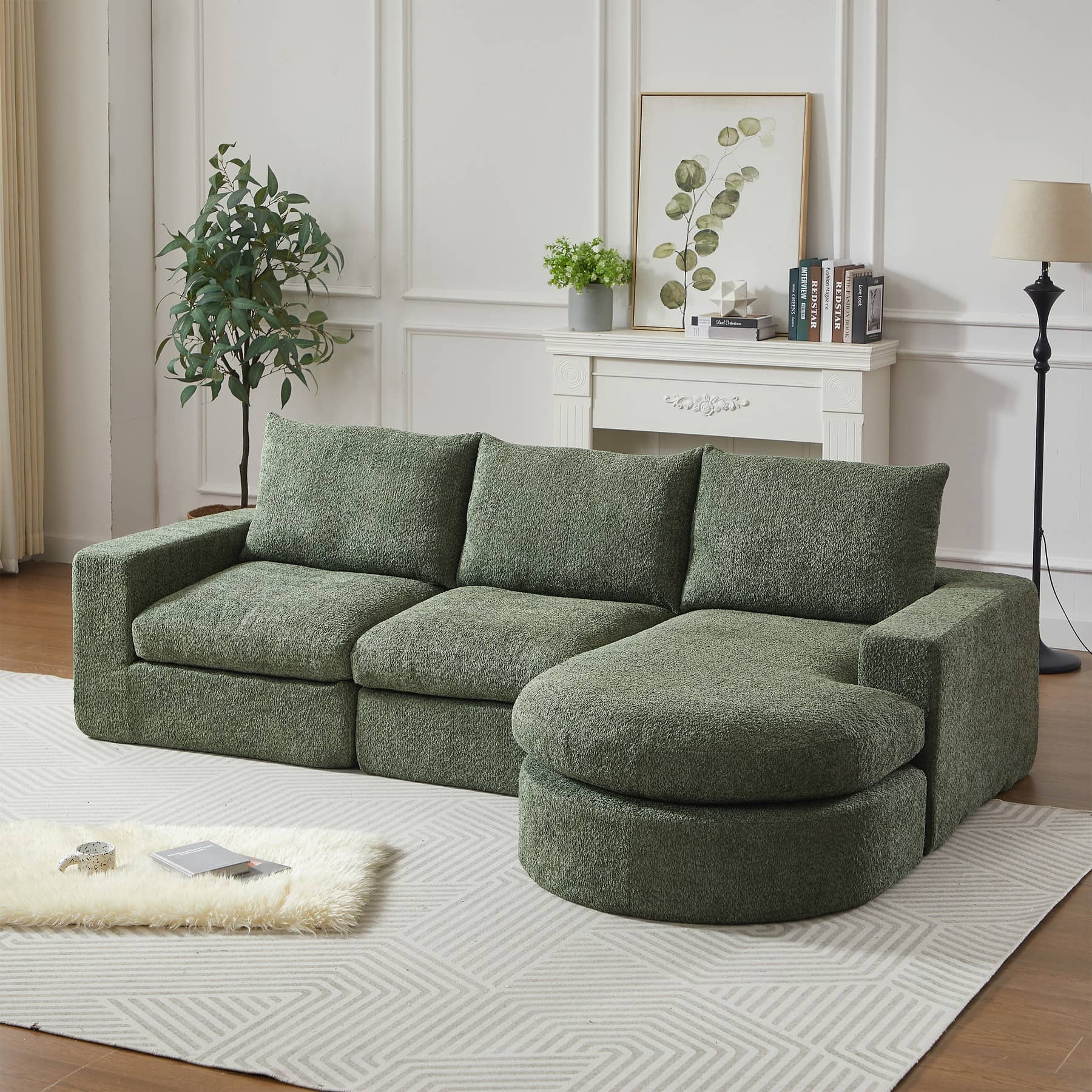 Canapé d’angle 3 places en tissu chenille, 250 cm, vert, méridienne réversible