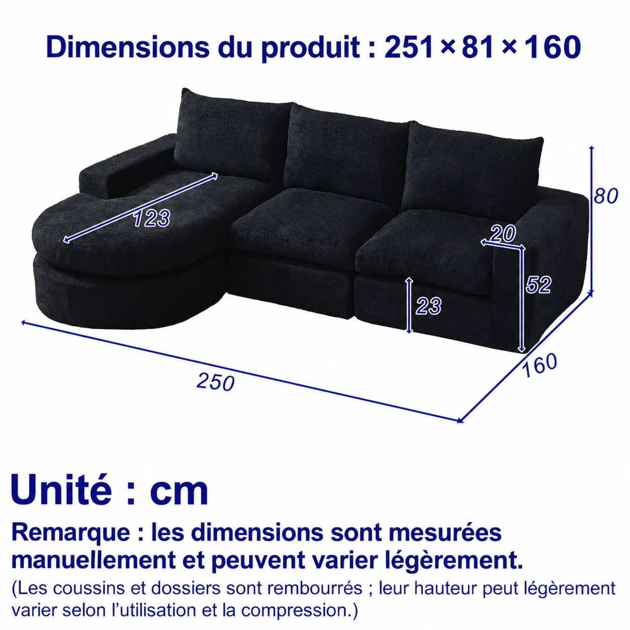 Dimensions du Canapé d’angle 3 places en tissu chenille, 250 cm, noir, méridienne réversible