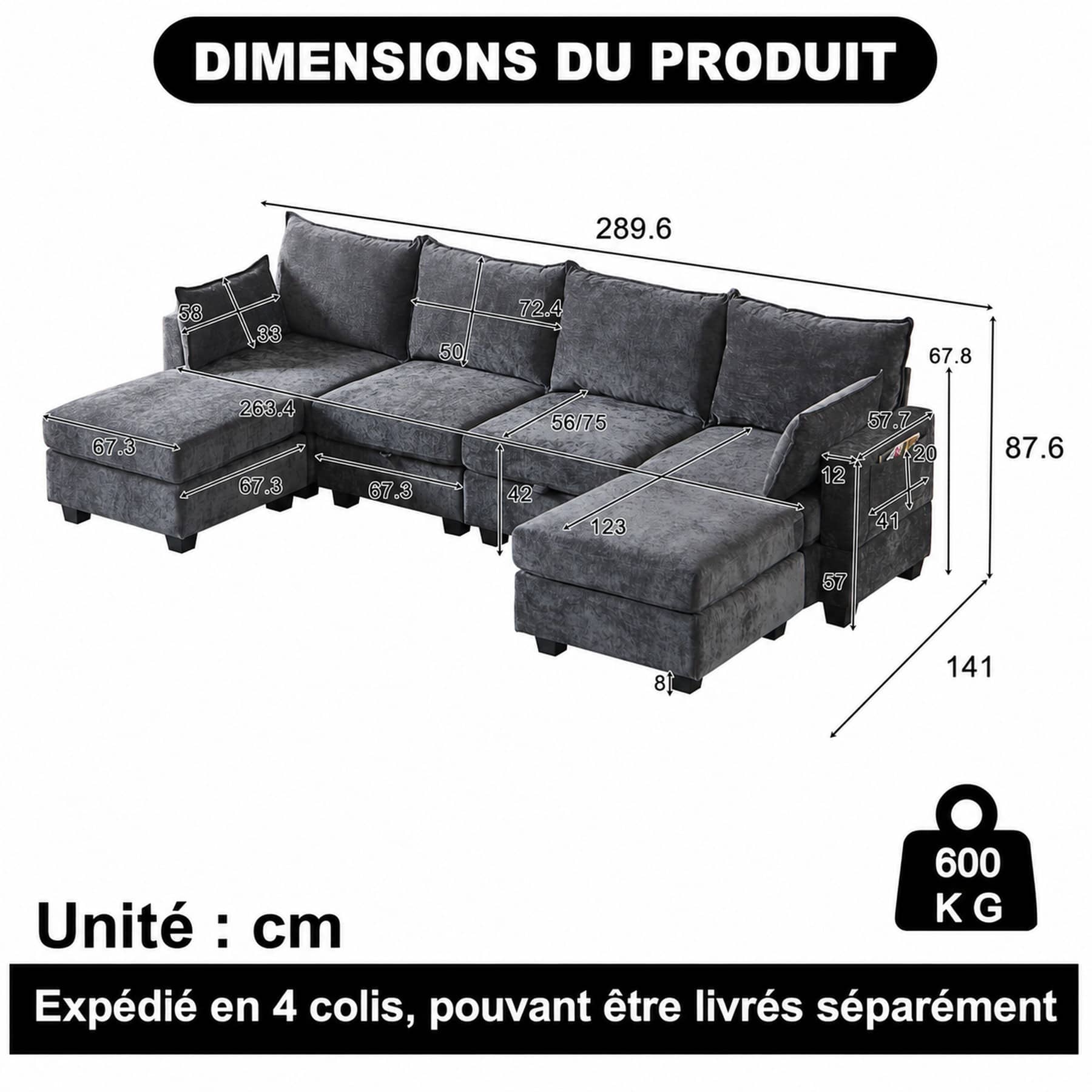 Dimensions du Canapé d’angle panoramique 6 places en tissu chenille, gris, avec rangements