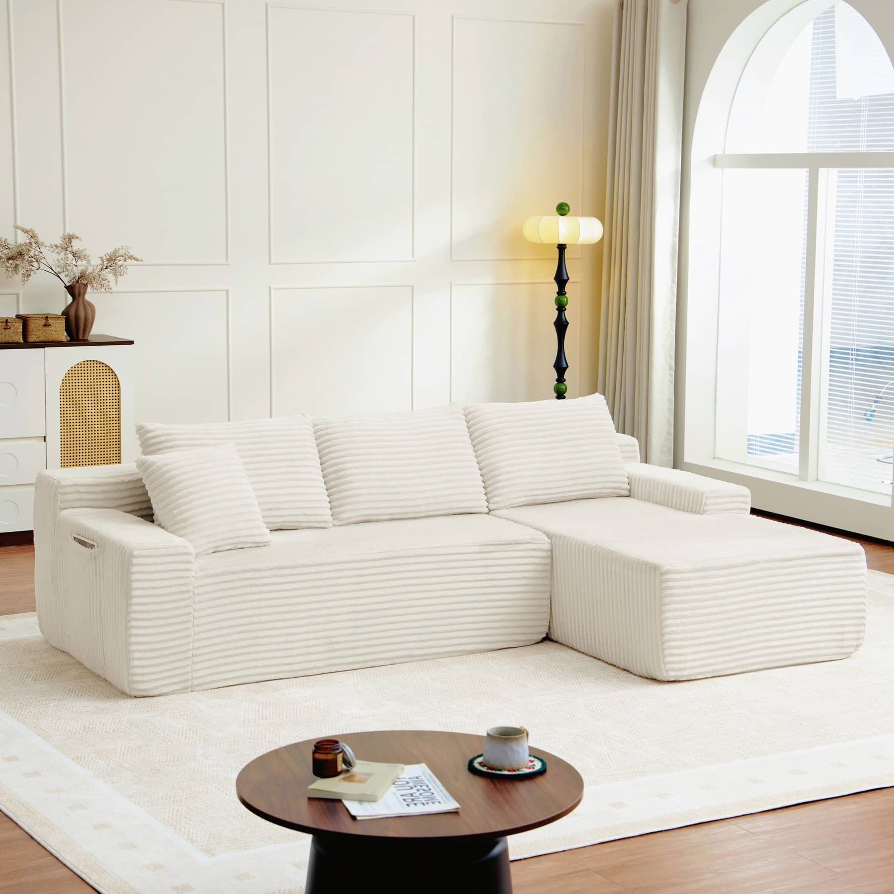 Canapé d’angle fixe 3 places en velours côtelé, 239 cm, beige, angle droit