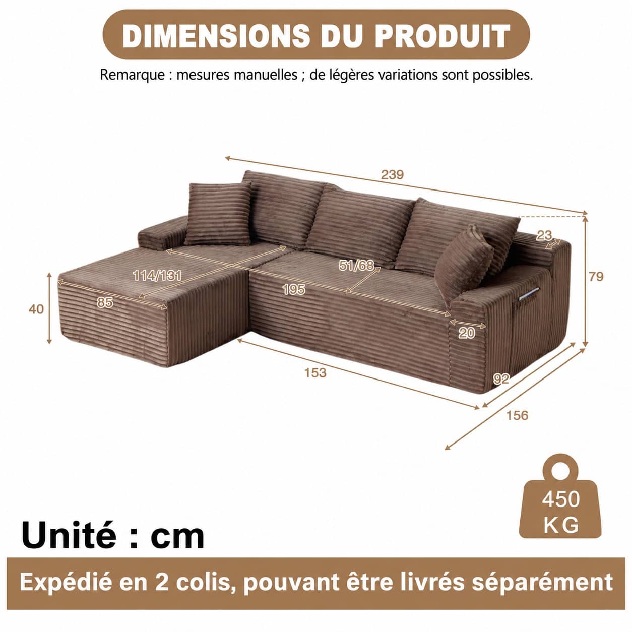 Dimensions du Canapé d’angle fixe 3 places en velours côtelé, 239 cm, marron, angle gauche