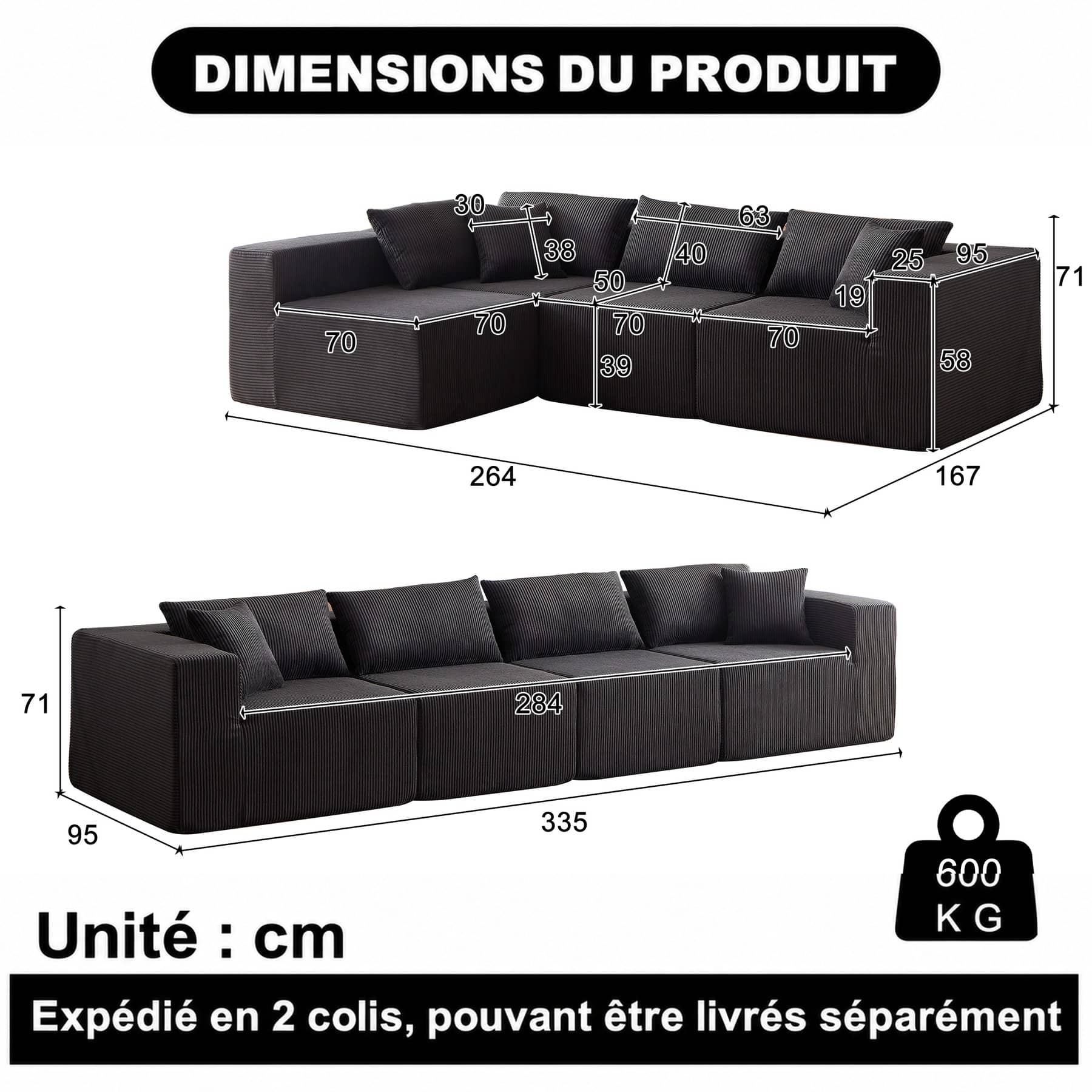 Dimensions du Canapé d’angle modulable 4 places en velours côtelé, noir