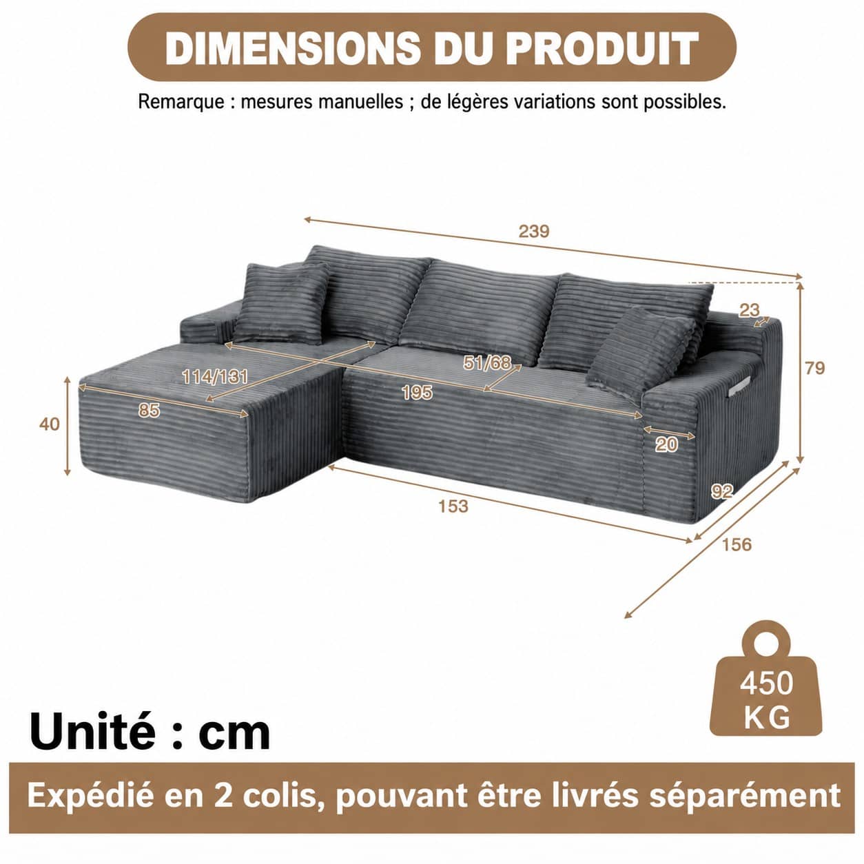 Dimensions du Canapé d’angle fixe 3 places en velours côtelé, 239 cm, gris, angle gauche