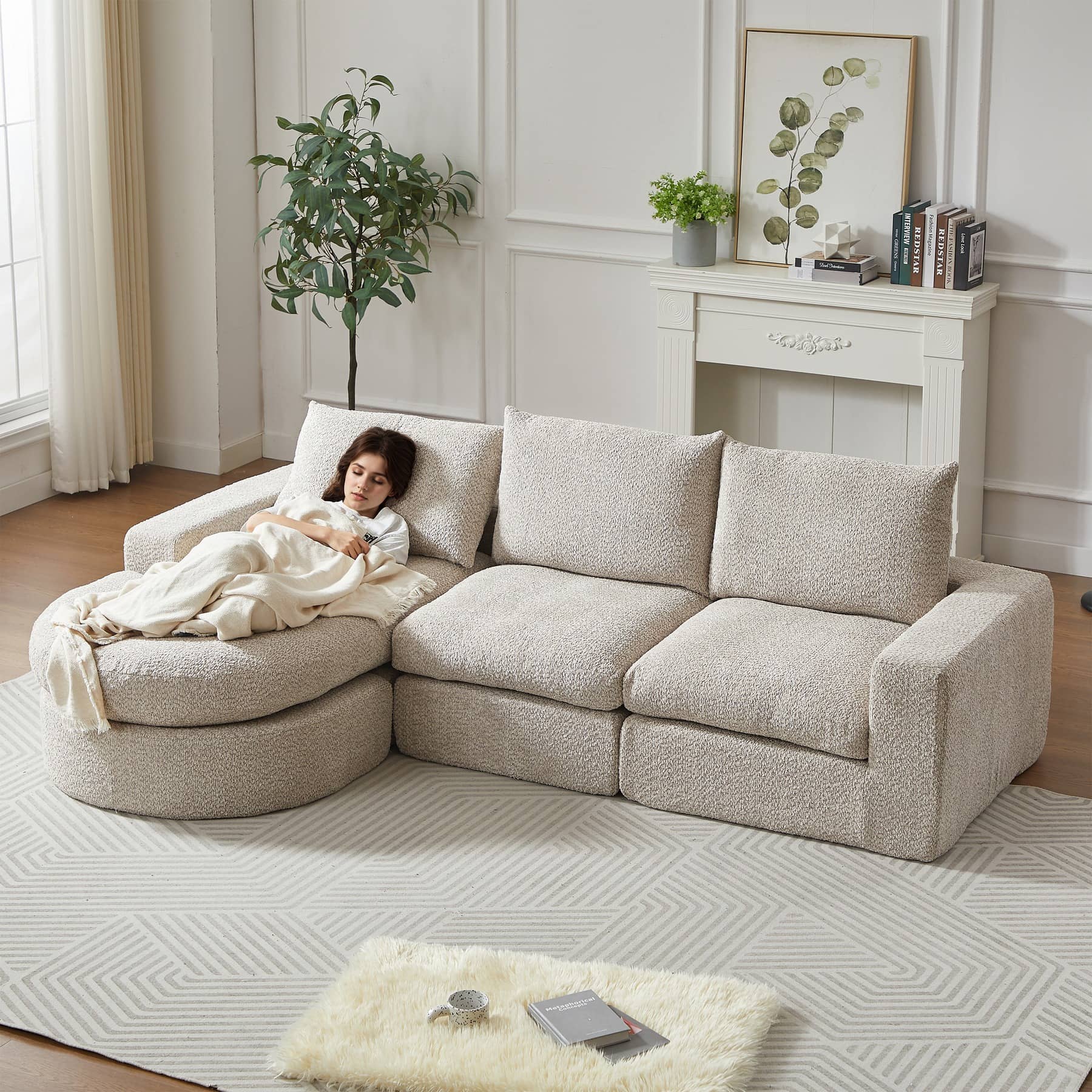 Canapé d’angle 3 places en tissu chenille, 250 cm, beige, méridienne réversible