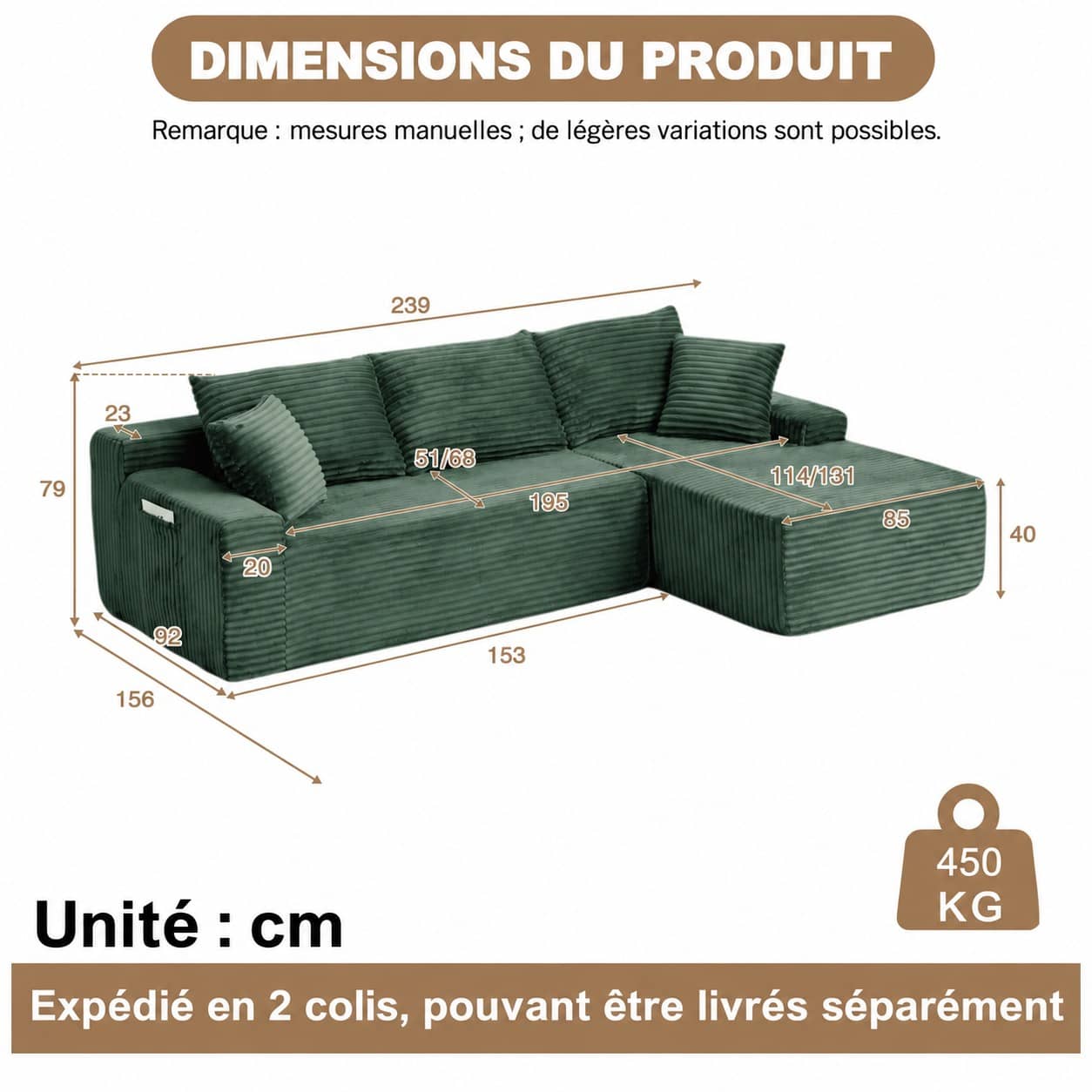 Dimensions du Canapé d’angle fixe 3 places en velours côtelé, 239 cm, vert, angle droit