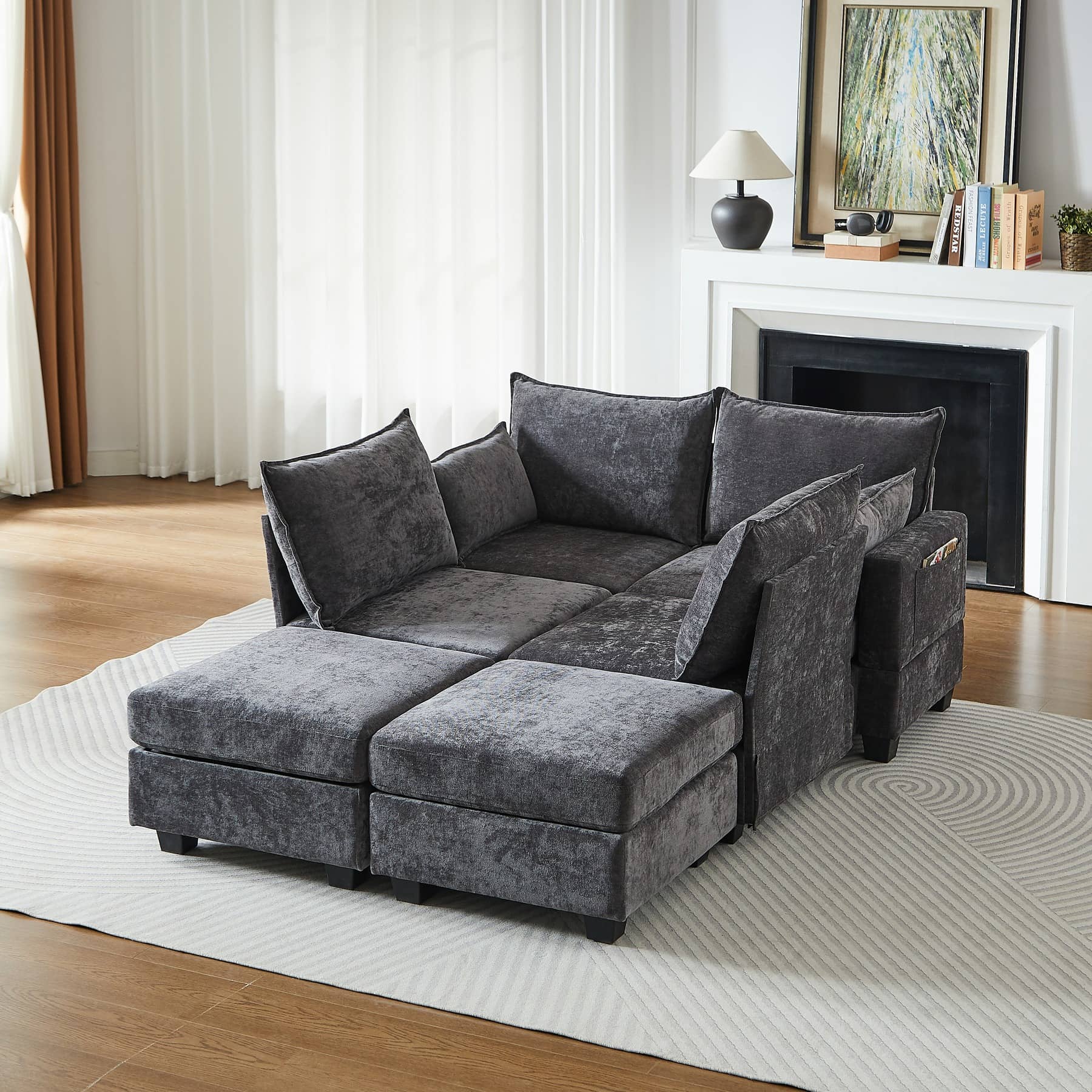 Canapé d’angle panoramique 6 places en tissu chenille, gris, avec rangements
