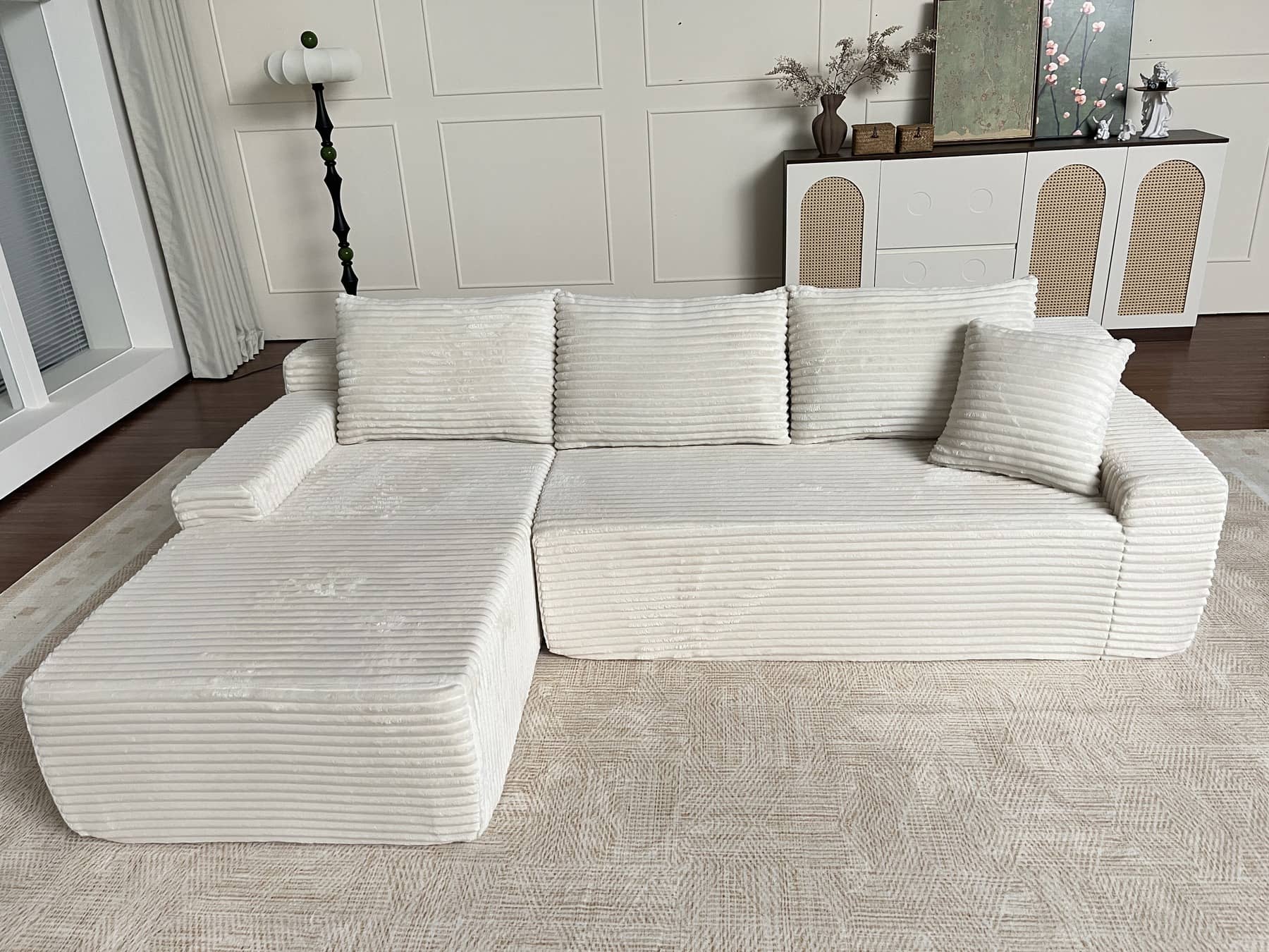 Canapé d’angle fixe 3 places en velours côtelé, 239 cm, beige, angle gauche