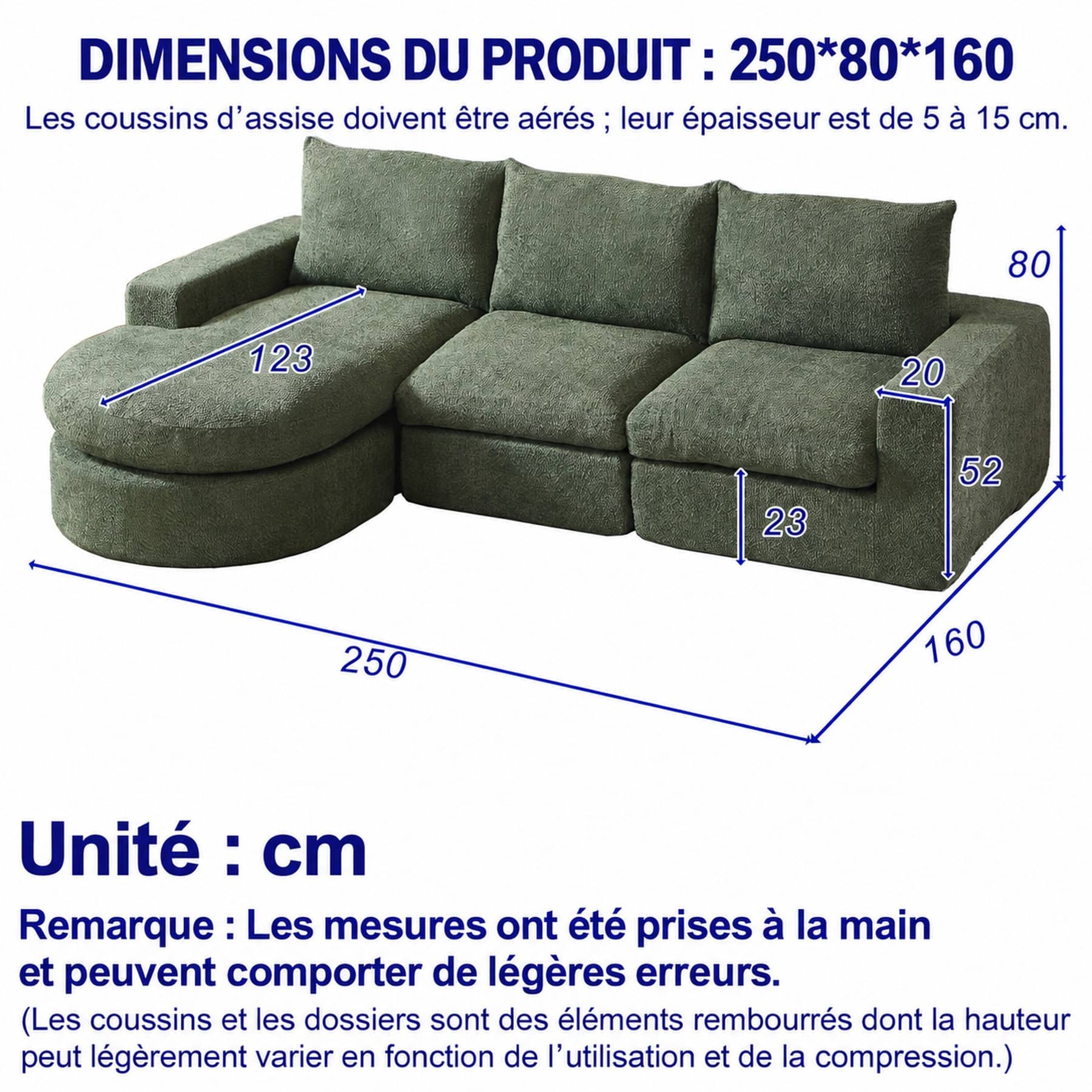 Dimensions du Canapé d’angle 3 places en tissu chenille, 250 cm, vert, méridienne réversible