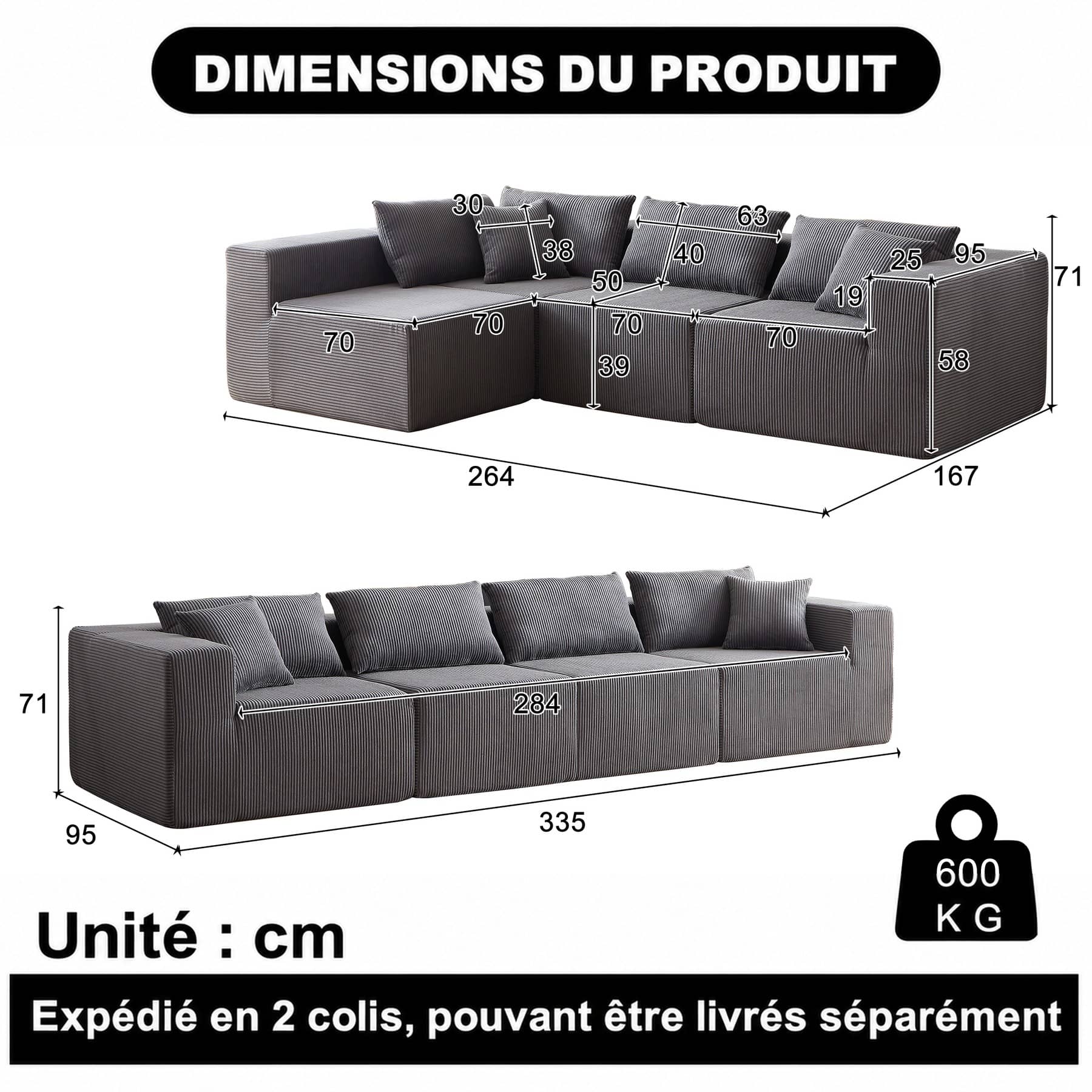 Dimensions du Canapé d’angle modulable 4 places en velours côtelé, gris