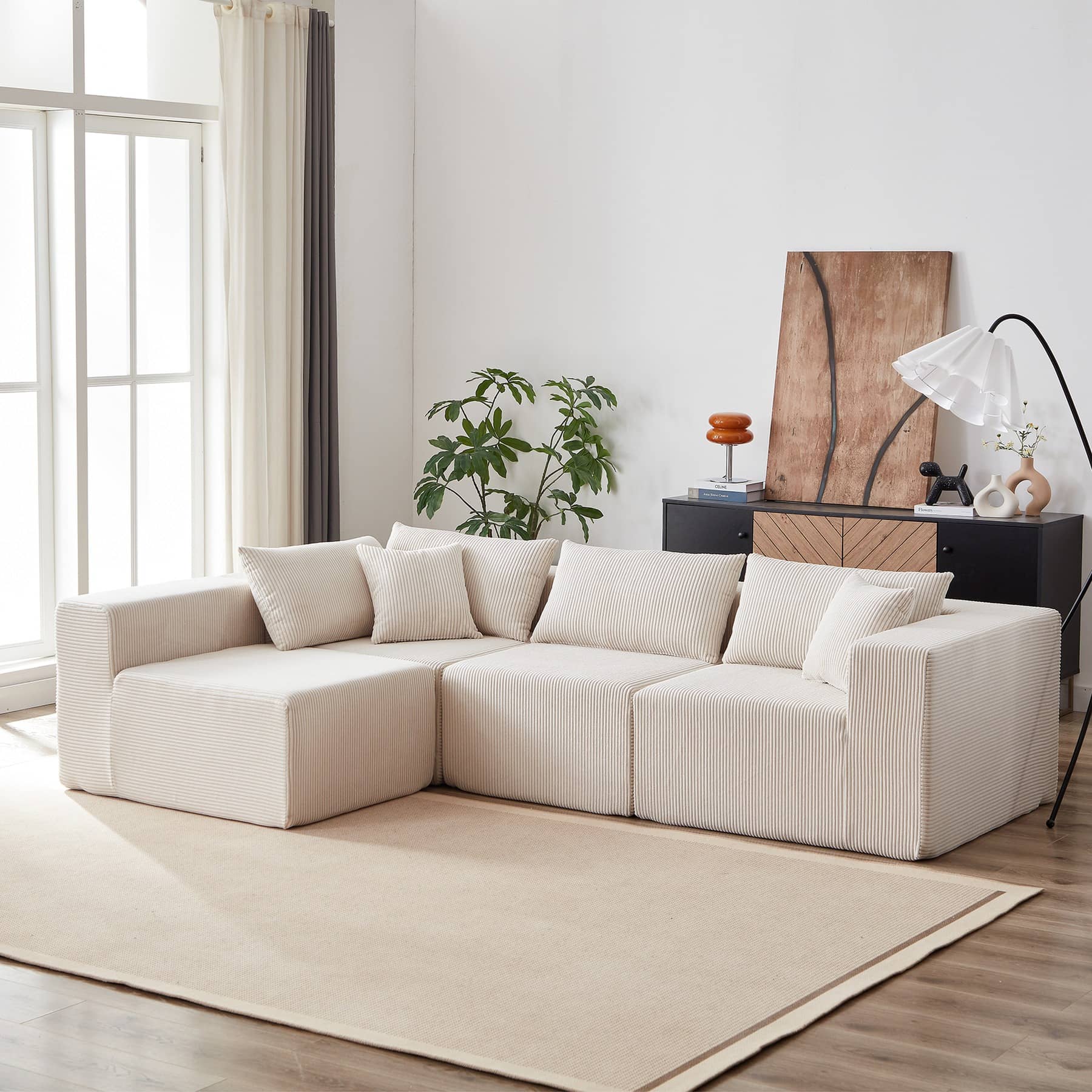 Canapé d’angle modulable 4 places en velours côtelé, beige