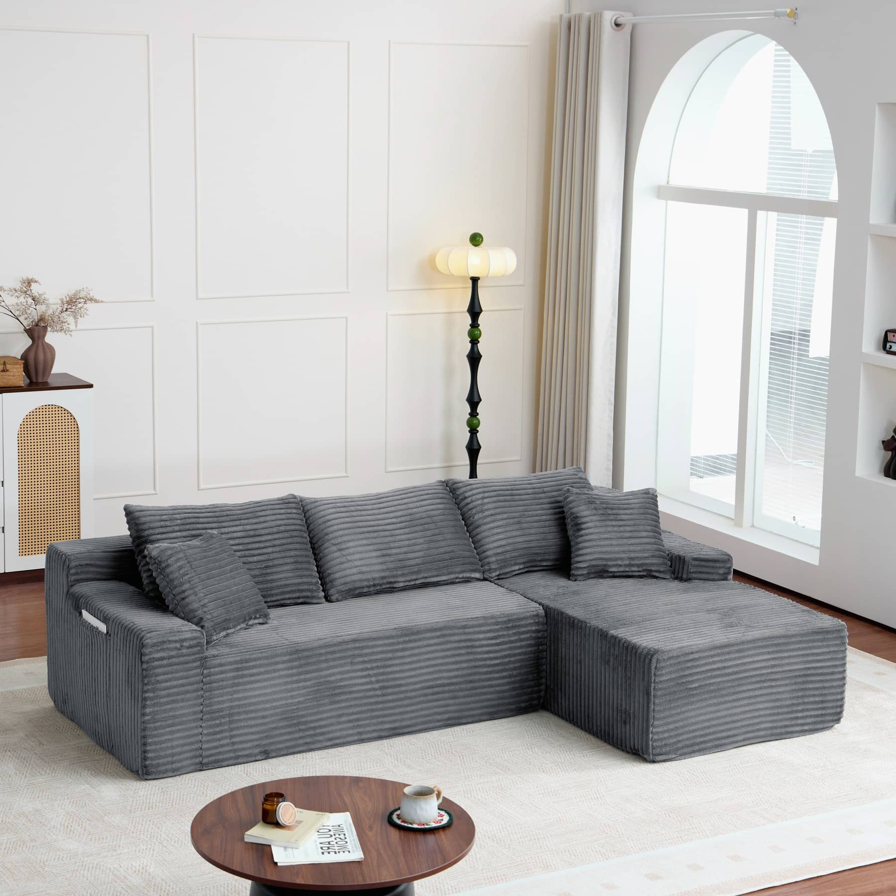Canapé d’angle fixe 3 places en velours côtelé, 239 cm, gris, angle droit
