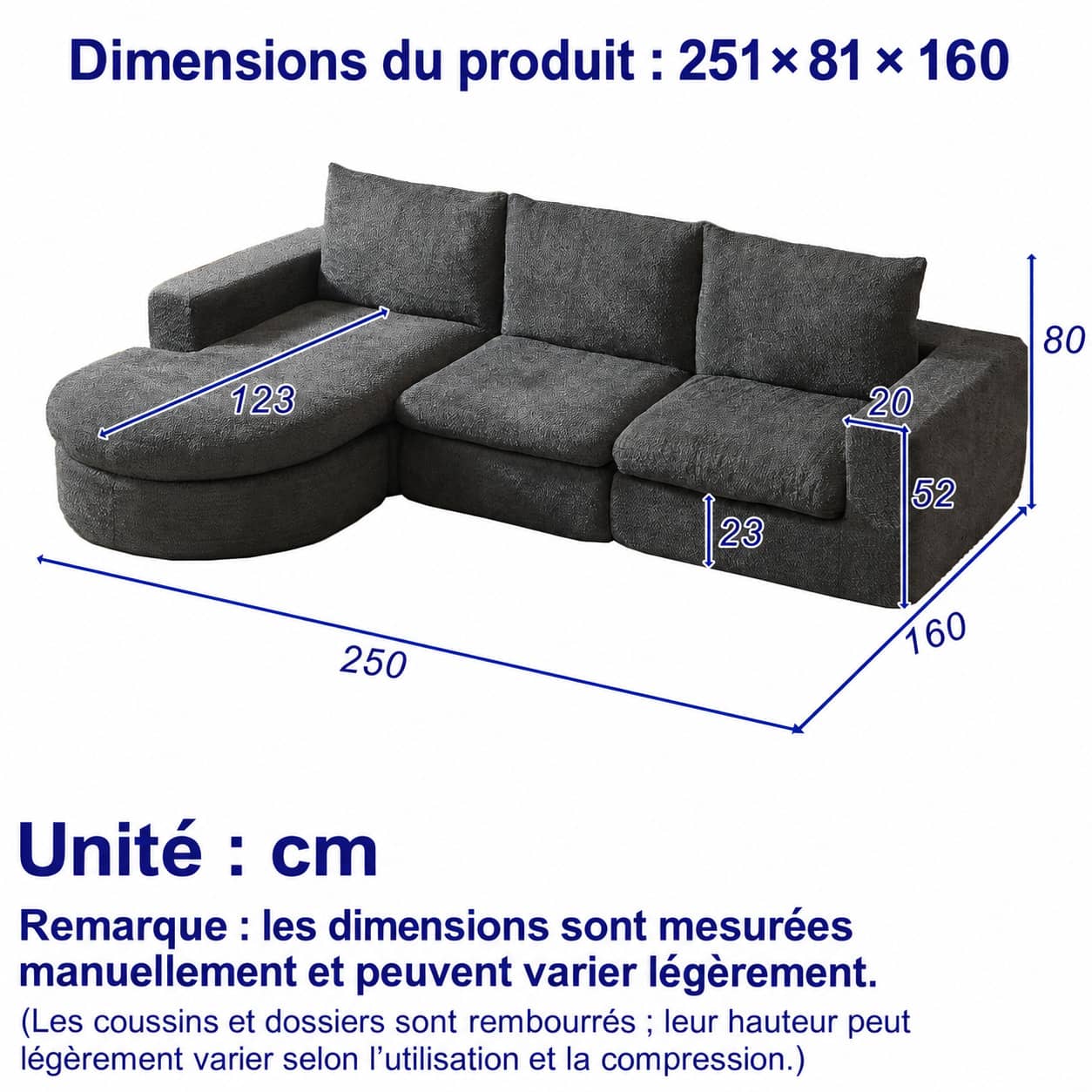 Dimensions du Canapé d’angle 3 places en tissu chenille, 250 cm, gris, méridienne réversible