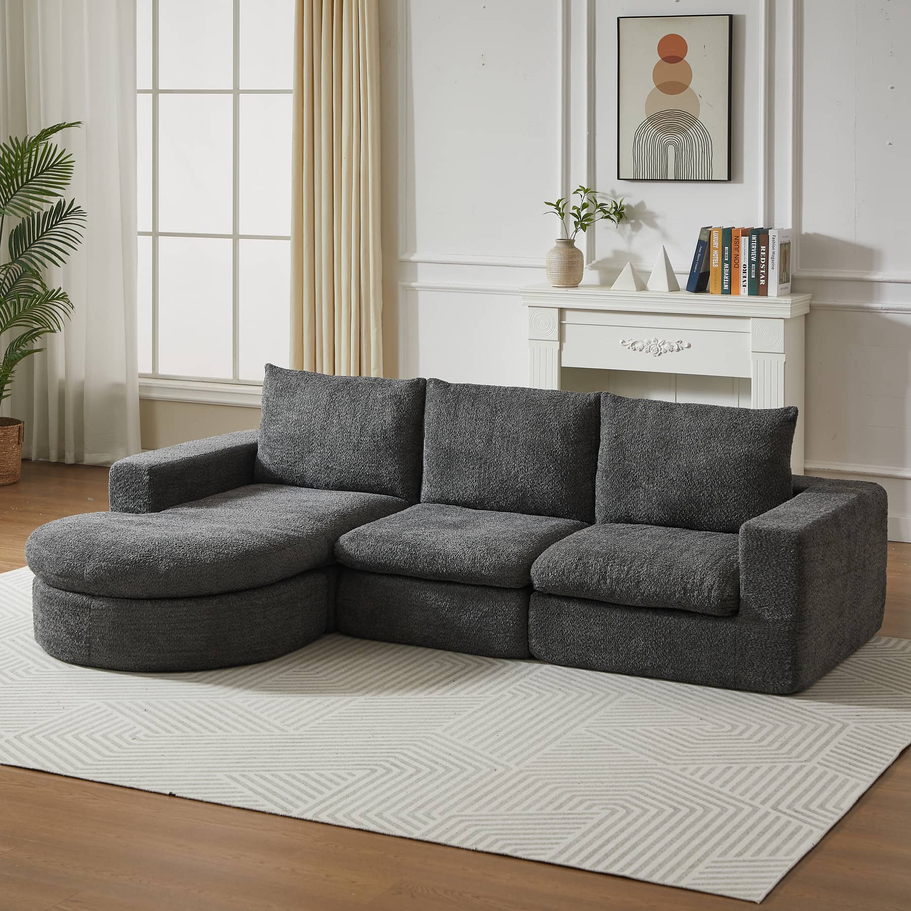 Canapé d’angle 3 places en tissu chenille, 250 cm, gris, méridienne réversible