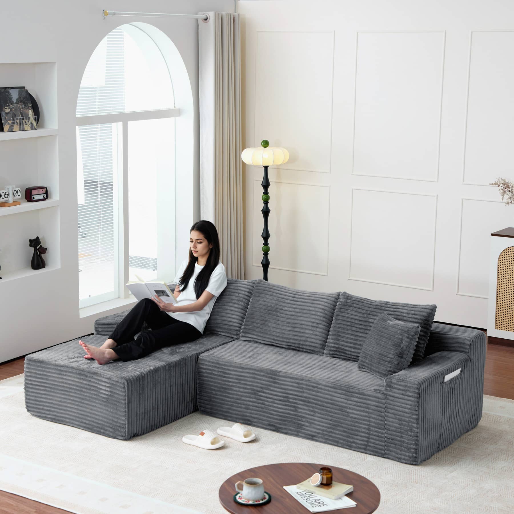 Canapé d’angle fixe 3 places en velours côtelé, 239 cm, gris, angle gauche