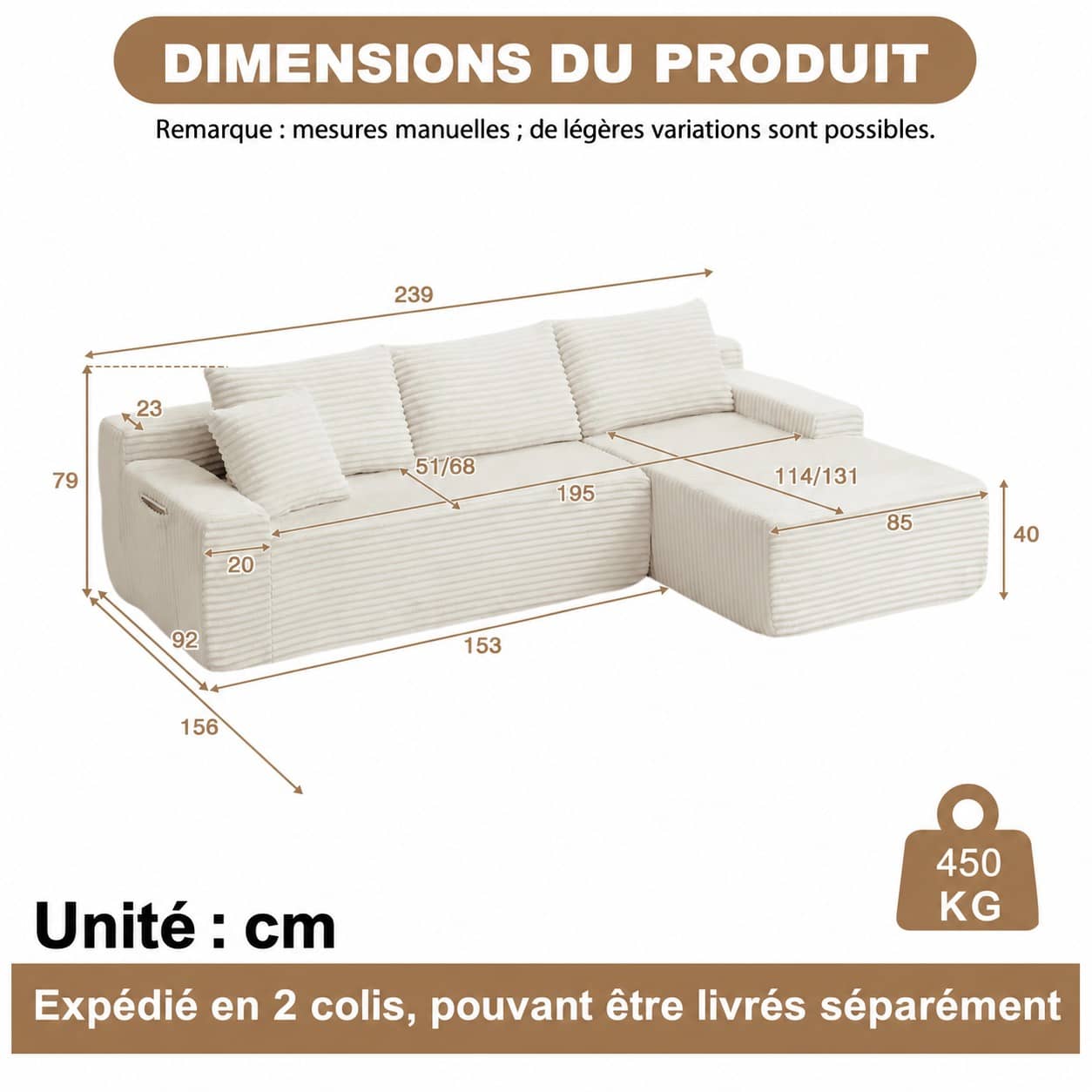 Dimensions du Canapé d’angle fixe 3 places en velours côtelé, 239 cm, beige, angle droit