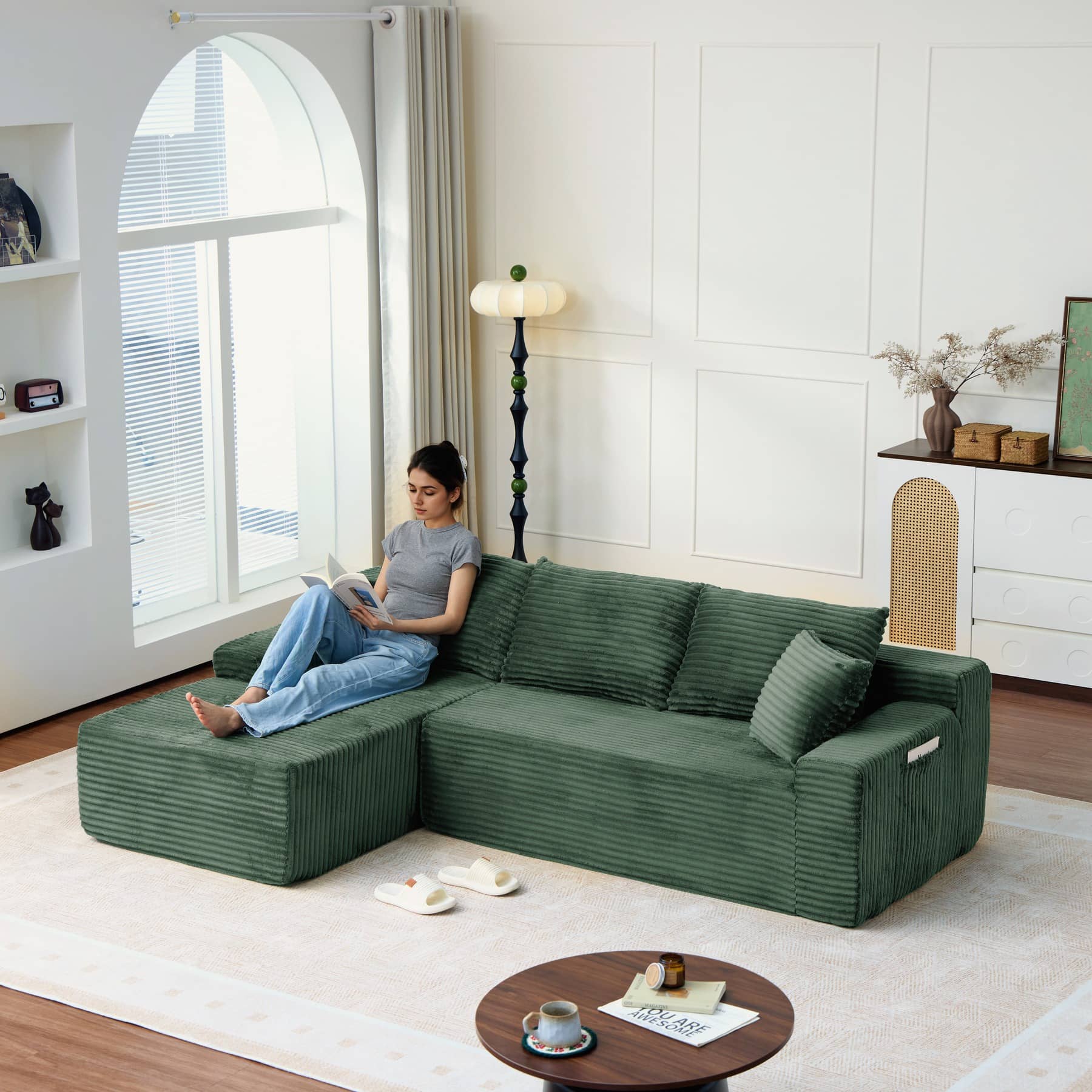 Canapé d’angle fixe 3 places en velours côtelé, 239 cm, vert, angle gauche