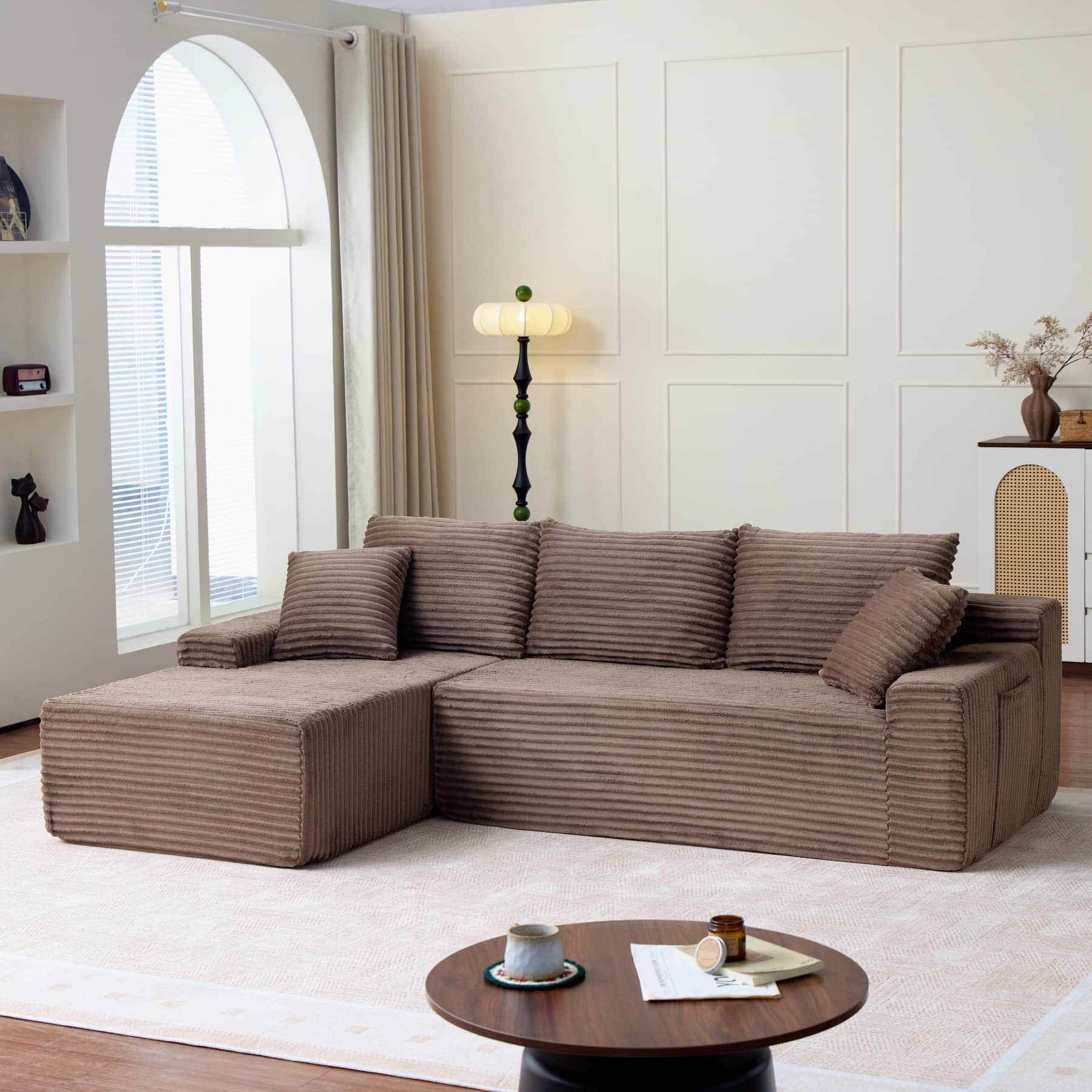 Canapé d’angle fixe 3 places en velours côtelé, 239 cm, marron, angle gauche