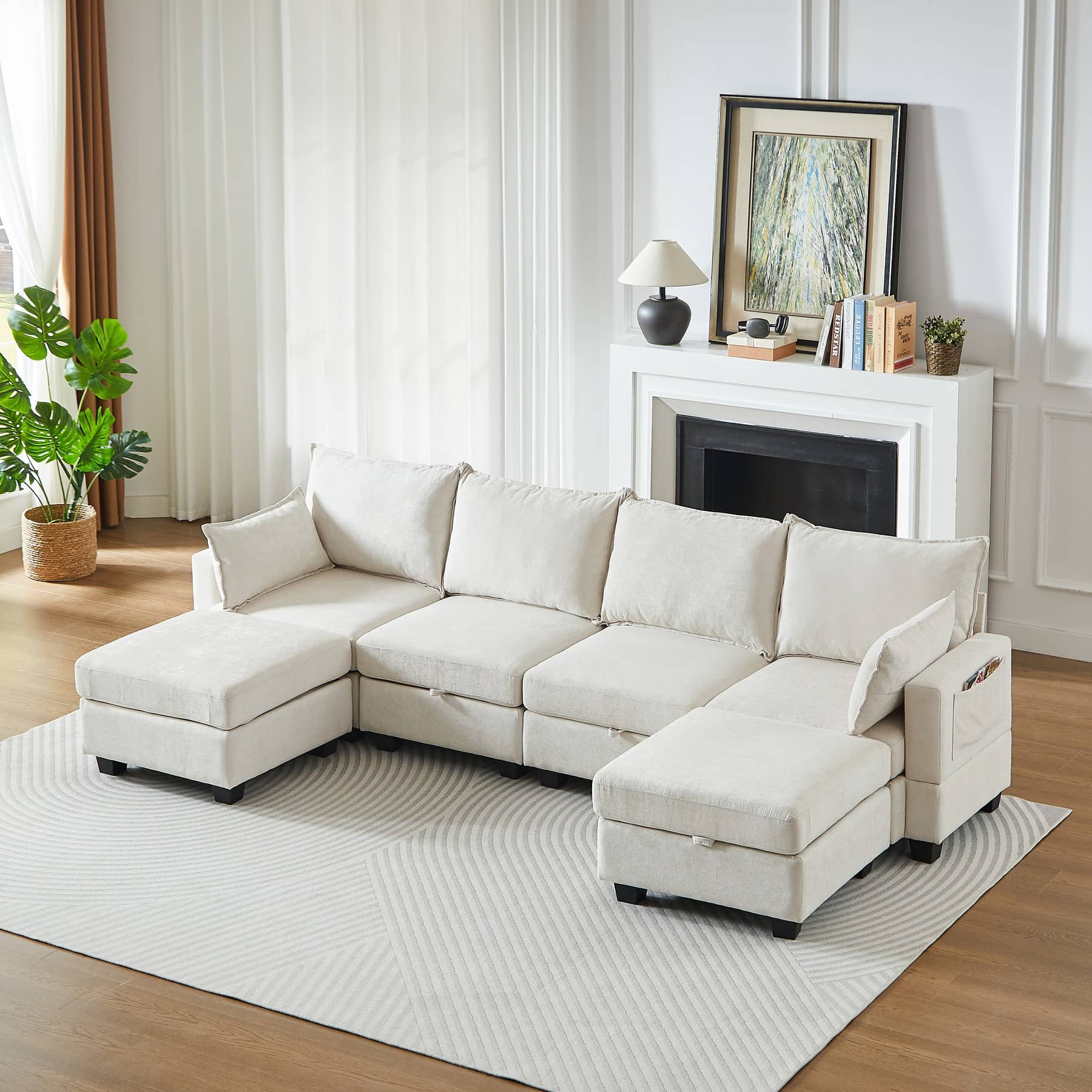 Canapé d’angle panoramique 6 places en tissu chenille, beige, avec rangements