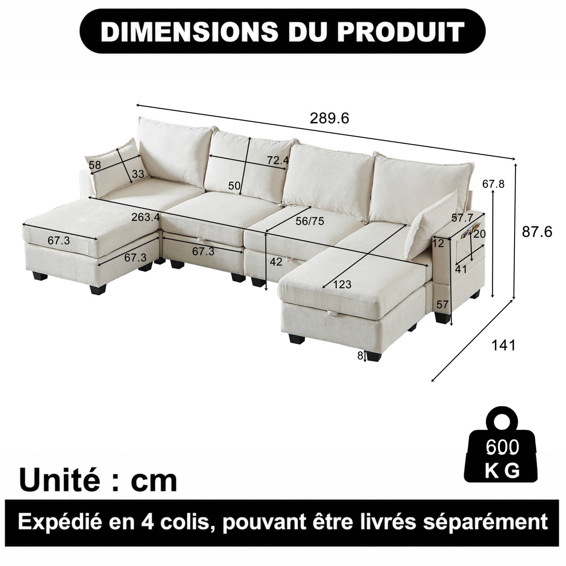 Dimensions du Canapé d’angle panoramique 6 places en tissu chenille, beige, avec rangements