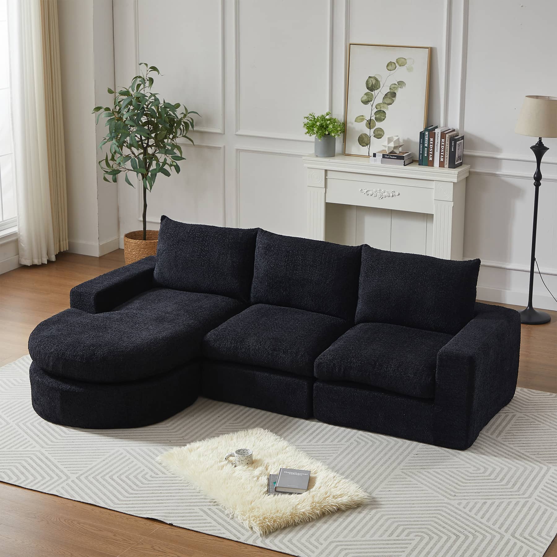 Canapé d’angle 3 places en tissu chenille, 250 cm, noir, méridienne réversible