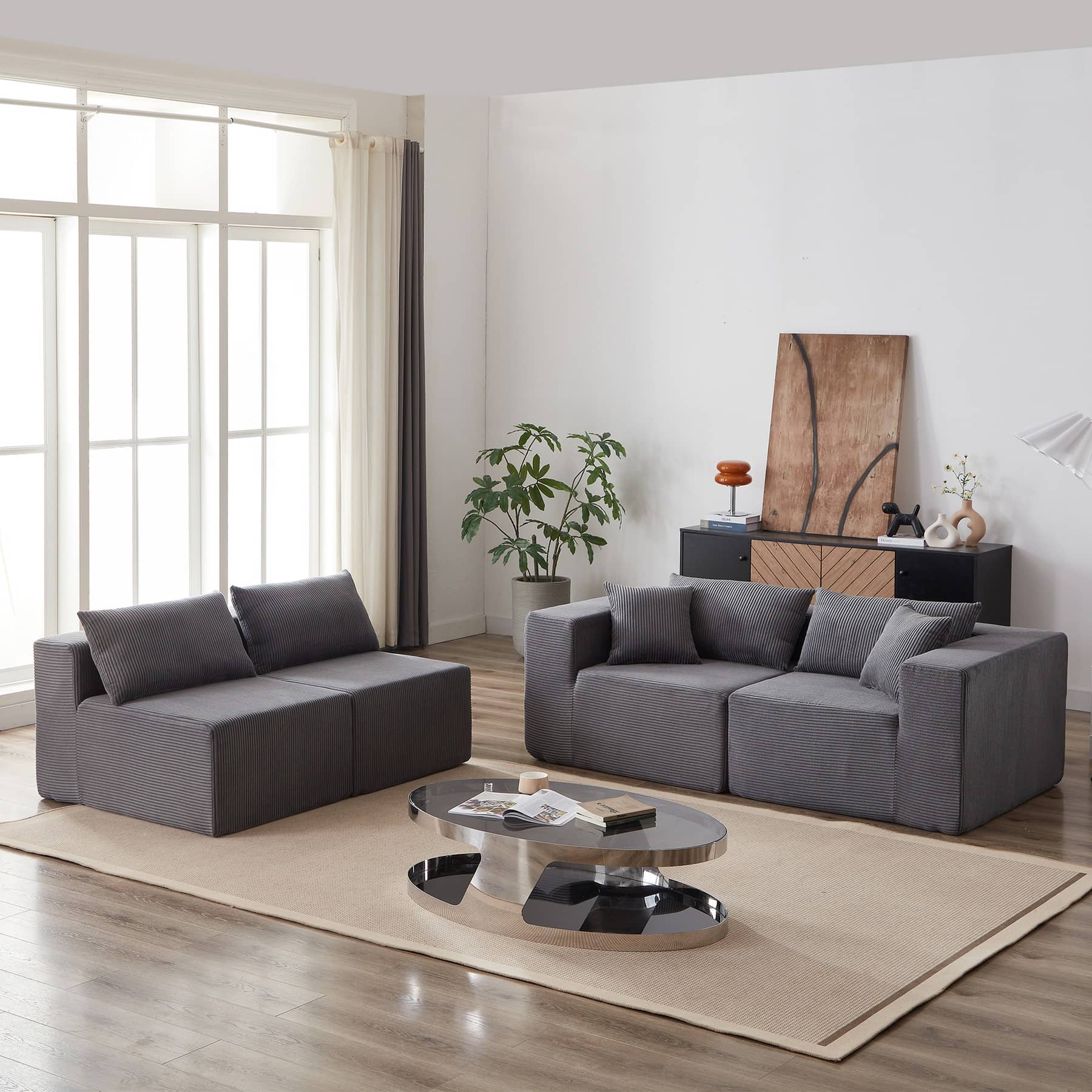 Canapé d’angle modulable 4 places en velours côtelé, gris