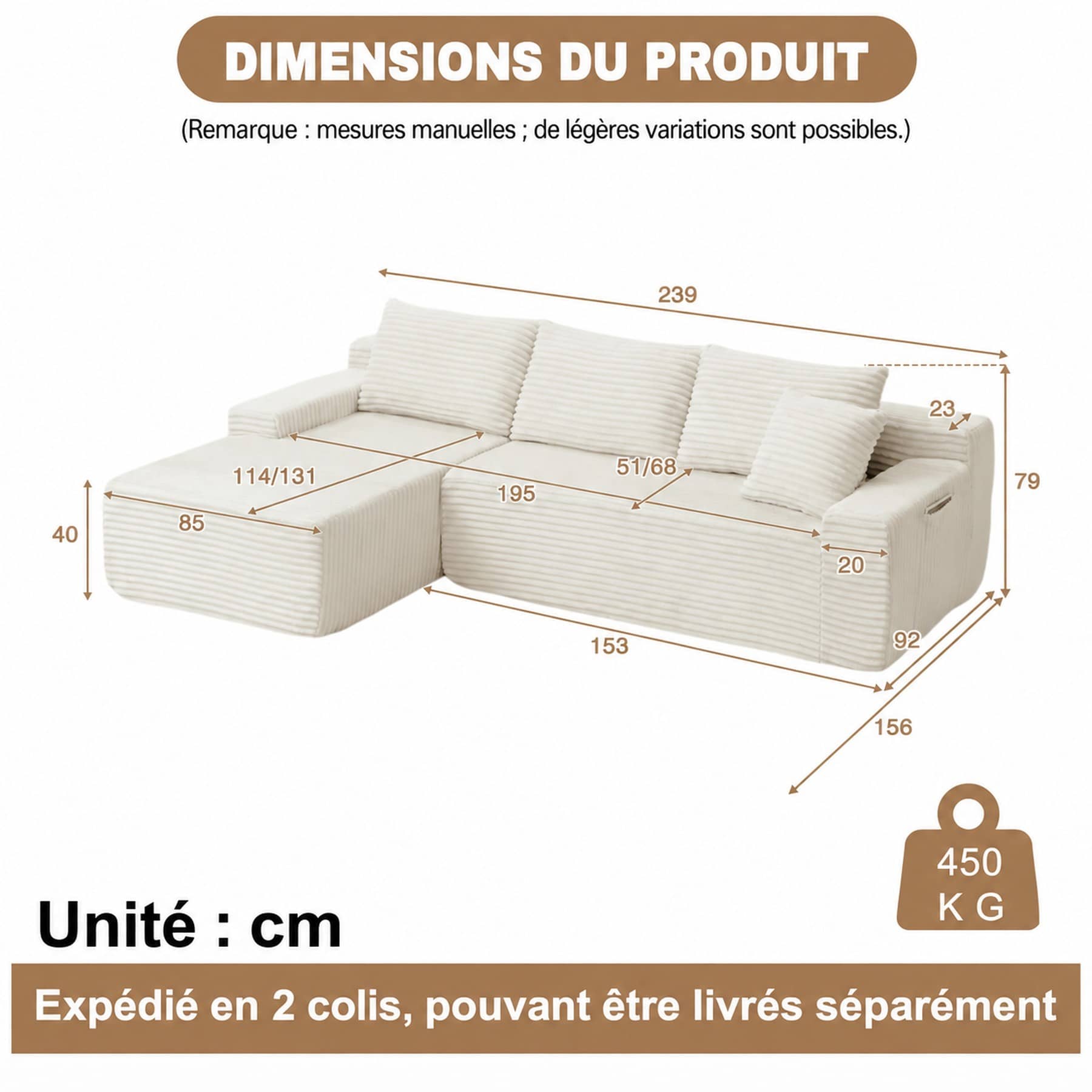 Dimensions du Canapé d’angle fixe 3 places en velours côtelé, 239 cm, beige, angle gauche