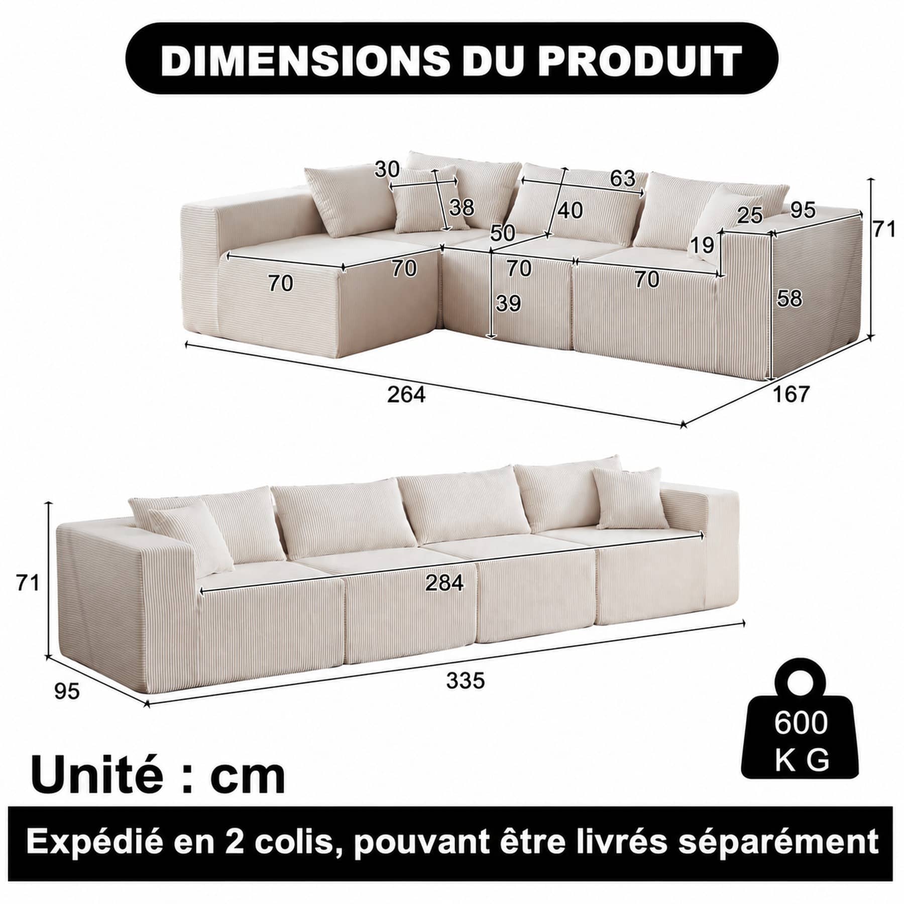 Dimensions du Canapé d’angle modulable 4 places en velours côtelé, beige